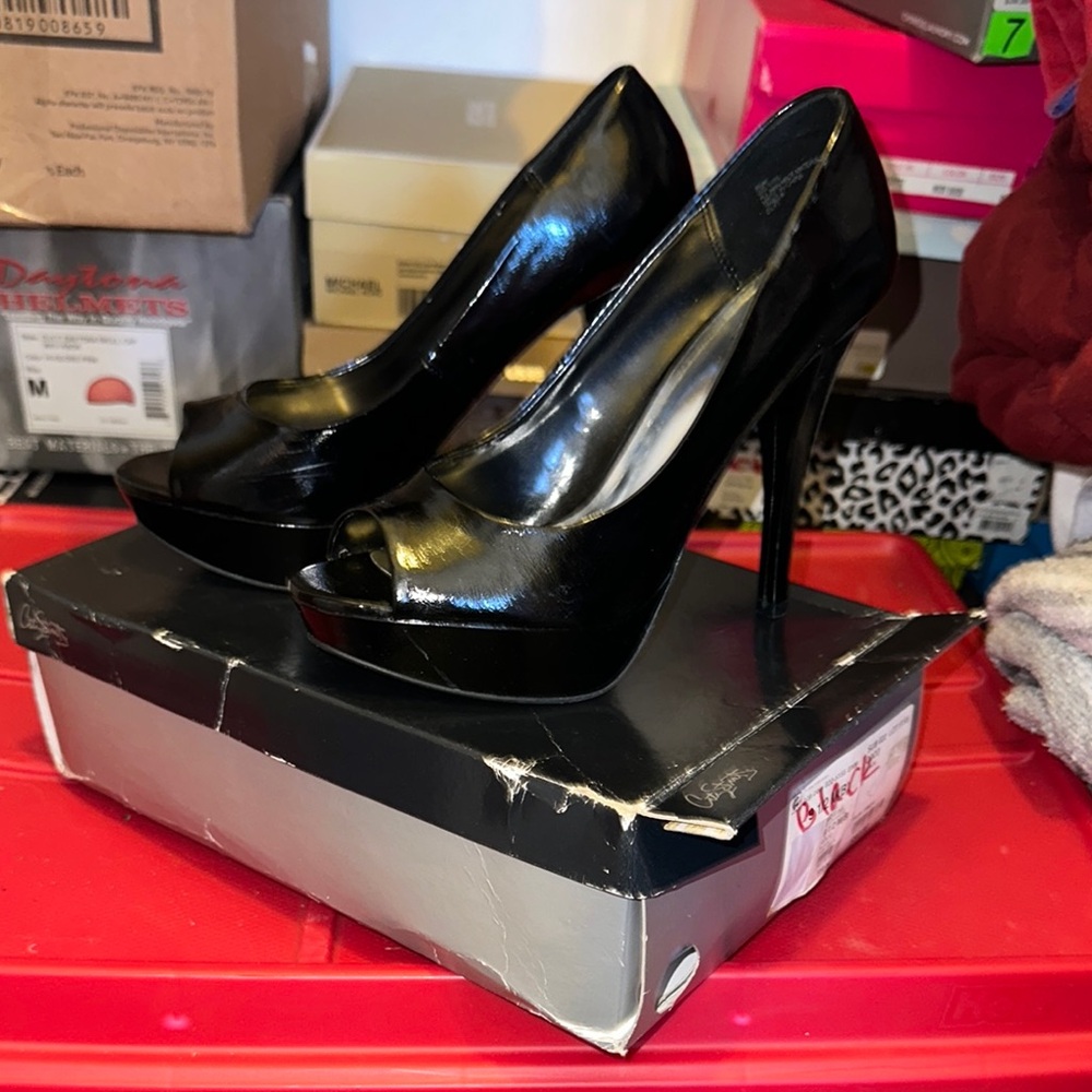 City Streets Black Patent Peep-Toe Platform Heels